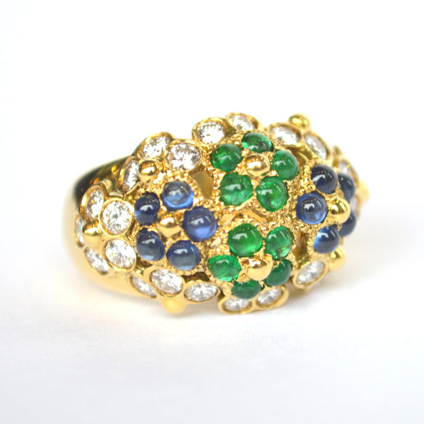 18k Yellow Gold Emerald,  Sapphire, and  Diamond Ring