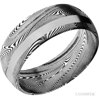 Lashbrook 8 Mm Wide/Domed/Tightweave Damascus Band With One 2 Mm Off Center Inlay Of 14K White Gold