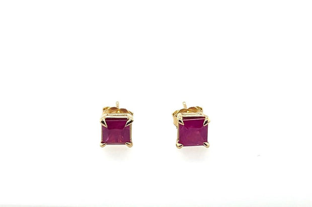 14K Yellow Gold Princess Ruby Stud Earrings