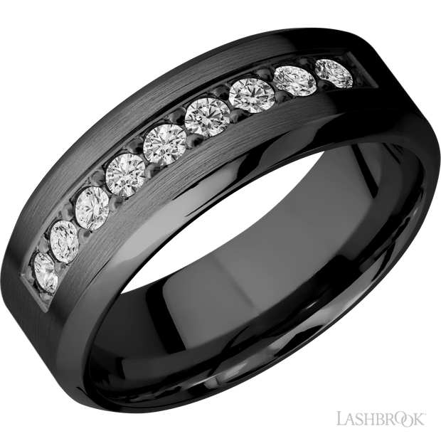 8 Mm Wide/High Bevel/Zirconium Band With An Arrangement Of 9, .05 Carat Round Diamonds