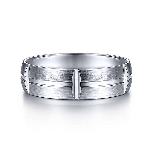 14K White Gold Gabriel & Co. Weding Band Featuring Engraved Stations