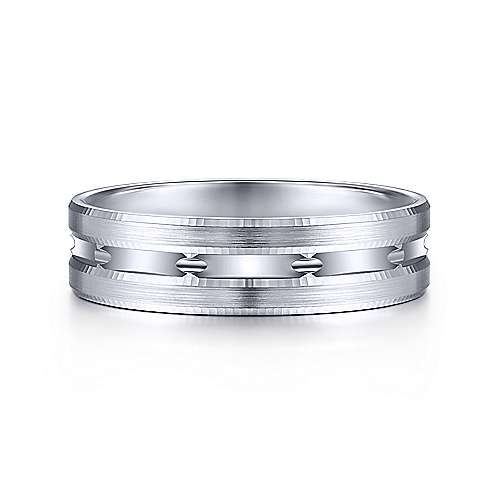 14K White Gold Gabriel & Co. Wedding Band Featuring Engraved Channel Detail