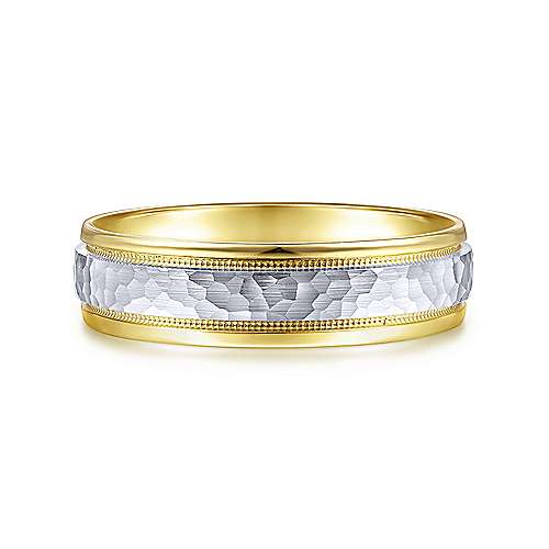 14K Two-Tone Gabriel & Co. Wedding Band Featuring Hammered Detail