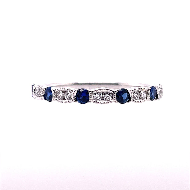 Sapphire and Diamond Ring, 6 Round Blue Sapphires 0.30Ct, 10 Round Diamonds 0.11 Ct In 14K White Gold