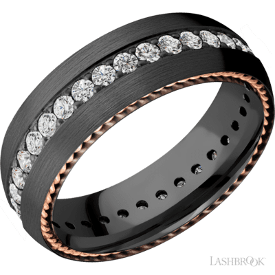 7 Mm Wide/Domed/Zirconium Band With An Eternity Arrangement Of .03 Carat Round Diamond Stones In A Bead Setting And Featuring Two 1 Mm Sidebraid Inlays Of 14K Rose Gold