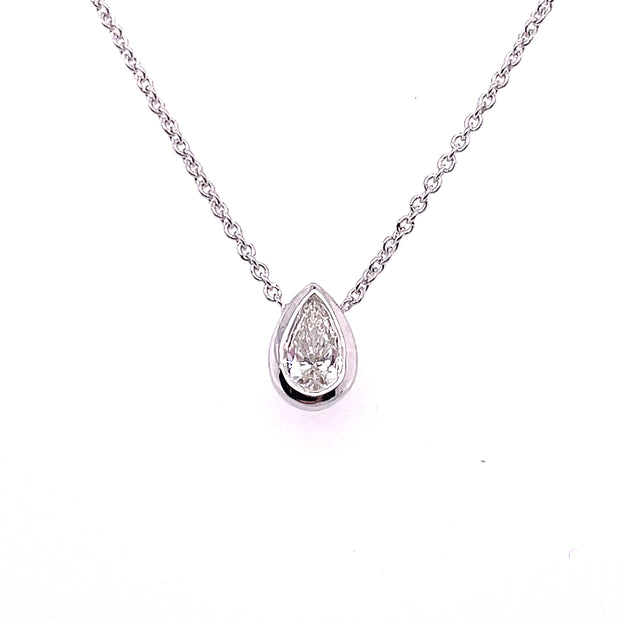 18K White Gold Roberto Coin Diamond Pendant Necklace Featuring Bezel Set .20CT Pear Shape Diamond