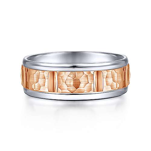 14K Two-Tone Gabriel & Co. Wedding Band Featuring Hammered Detail