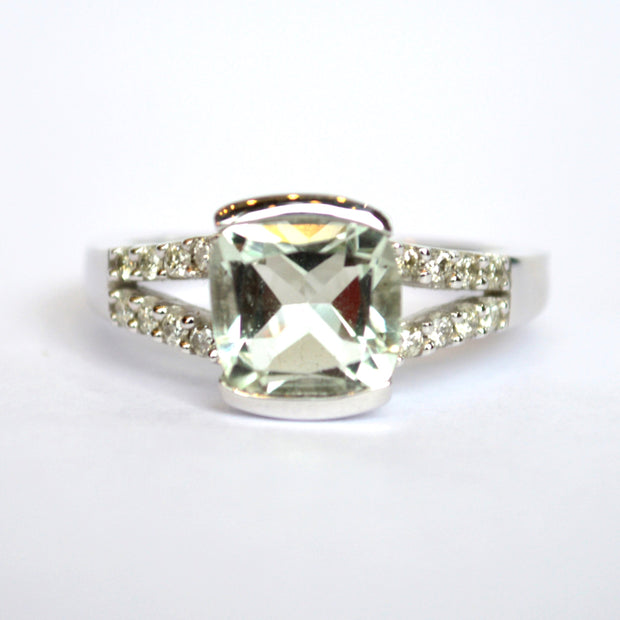14k White Gold Green Amethyst and Diamond Ring