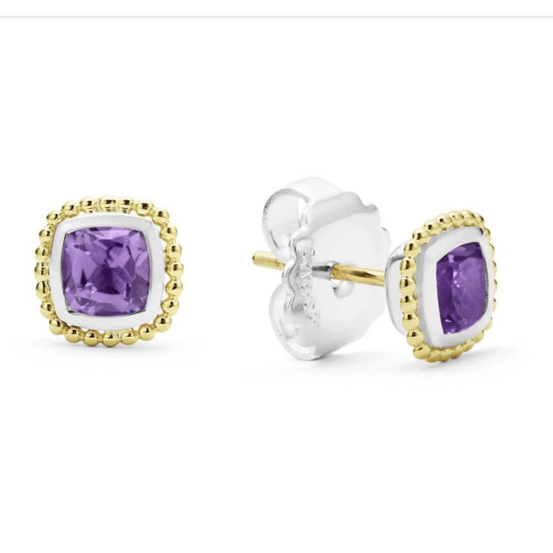 Sterling Silver and 18k Yellow Gold Amethyst LAGOS Stud Earrings