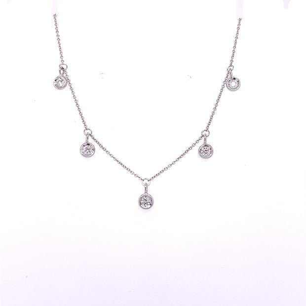 18K White Gold Roberto Coin Diamond Drop Necklace Featuring Five Round Bezel Set Diamonds At A Total Weight Of .23CT