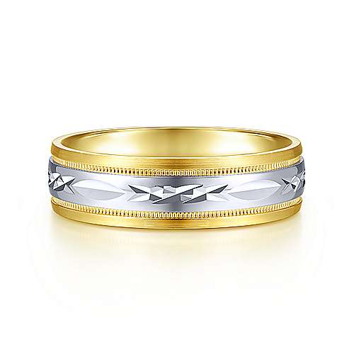 14K Two-Tone Gabriel & Co. Wedding Band Featuring Engraved Center And Milgrain Detail