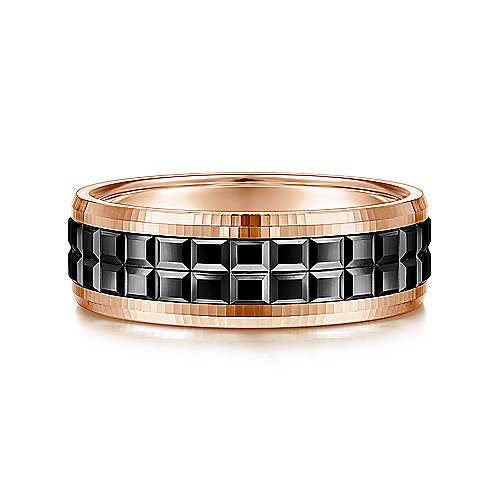 14K Two- Tone Gabriel & Co. Wedding Band Featuring Center Black Rhodium Cubes And Beveled Edge