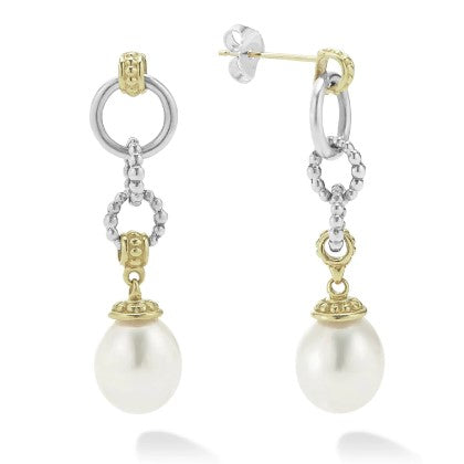 LAGOS Luna Two Tone Pearl Circle Drop Earrings Sterling Silver And 18K Yellow Gold Detail