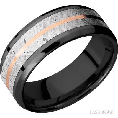 Lashbrook 8 Mm Wide/Beveled/Zirconium Band Featuring Inlays Of Meteorite And 14K Rose Gold