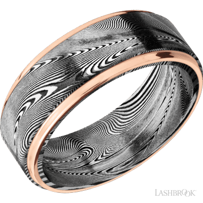 Lashbrook 8 Mm Wide/Flat Grooved Edges/Tightweave Damascus Band With Two 1 Mm Edge Inlays Of 14K Rose Gold