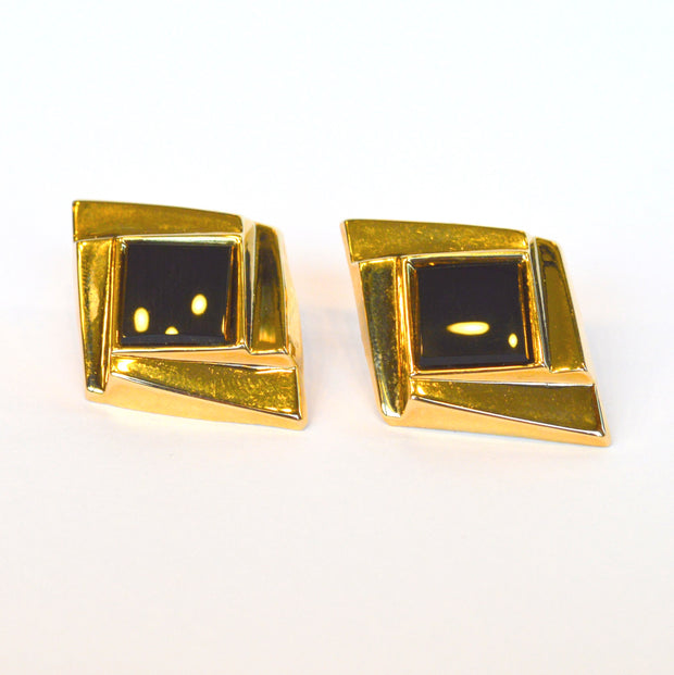 14K Yellow Gold Estate Abstract Earrings Featuring Onyx