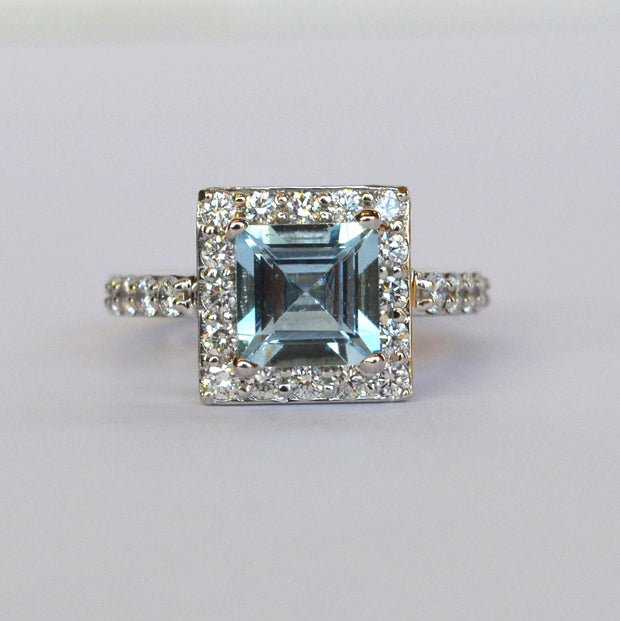 14k White Gold Aquamarine and Diamond Halo Ring