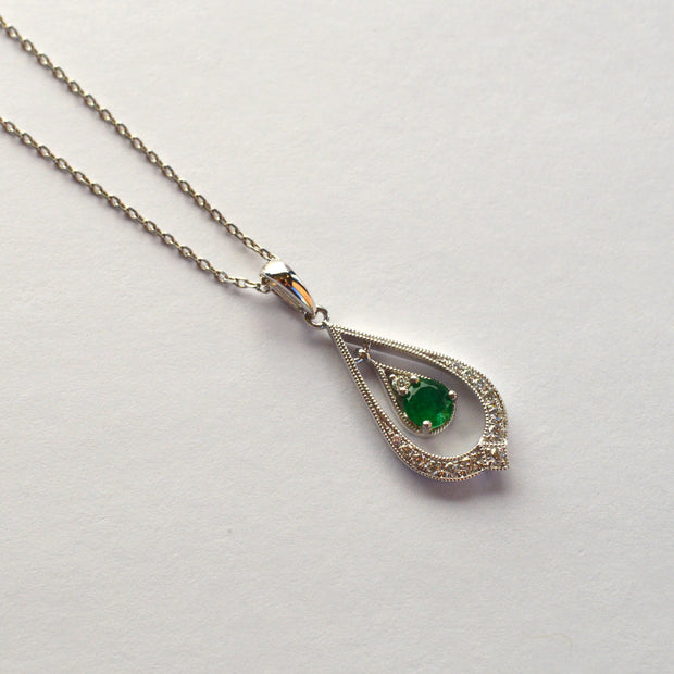 14K White Gold Private Label Diamond And Emerald Drop Pendant Necklace