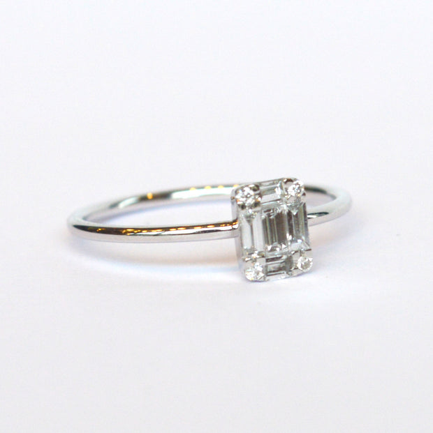 14K White Gold Modern Round And Baguette Diamond Ring