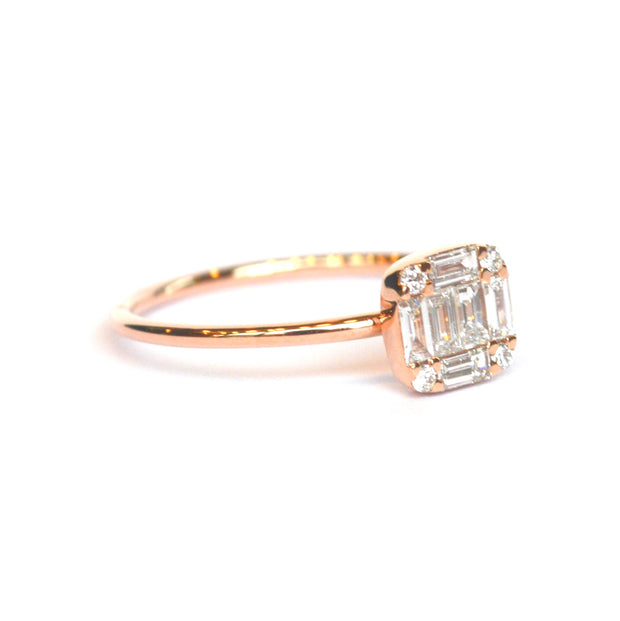 14K Rose Gold Modern Round And Baguette Diamond Ring