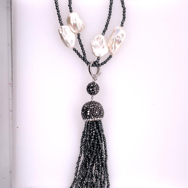 Pearl Necklace 40" Single Strand Hematite And Keshi Pearls Featuring Removable Hematite And Marcasite Tassel
