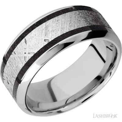 Lashbrook 9 Mm Wide/High Bevel/Cobalt Chrome Band Featuring Inlays Of Dinosaur Bone Black And Meteorite