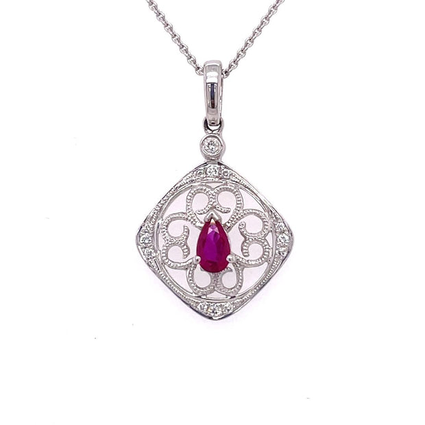 14K White Gold Ruby And Diamond Pendant On 14K White Gold Chain