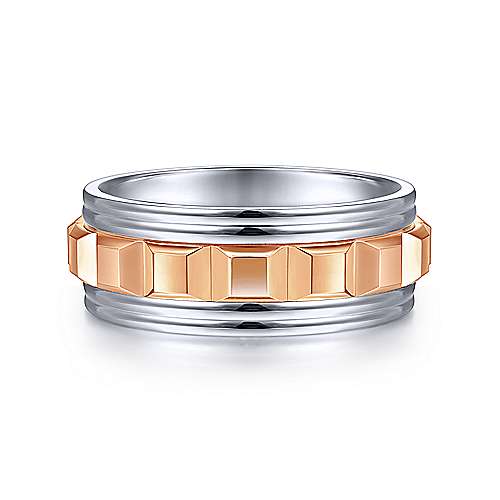 14K Two-Tone Gabriel & Co. Wedding Band Featuring Rounded Edge And Diamond Cut Inner Channel