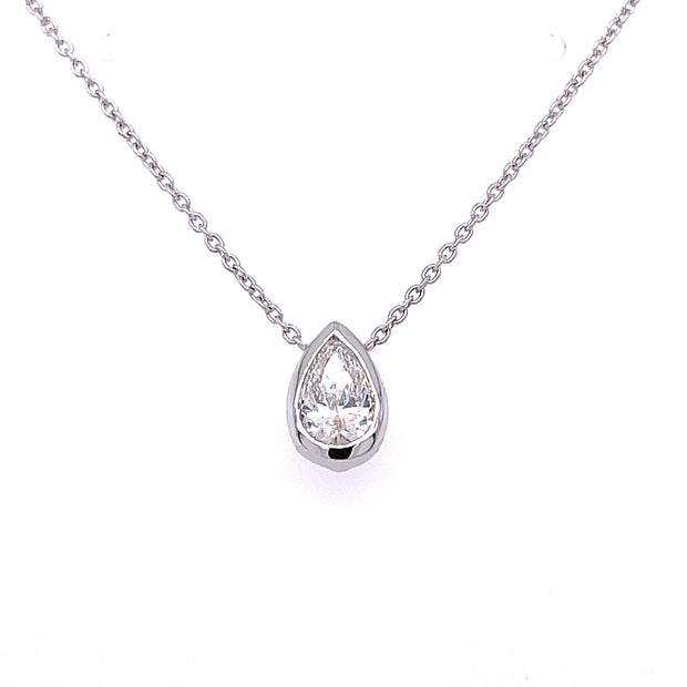 18K White Gold Roberto Coin Bezel Set Pear Shape .38CT Diamond Necklace Adjustable From 16 Inches To 18 Inches
