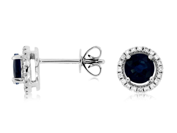 14K White Gold Private Label Sapphire Stud Earrings Featuring Diamond Halo