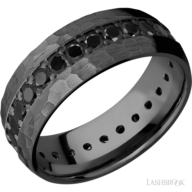 Lashbrook 8 Mm Wide/Domed/Zirconium Band With An Eternity Arrangement Of .05 Carat Round Black Diamonds