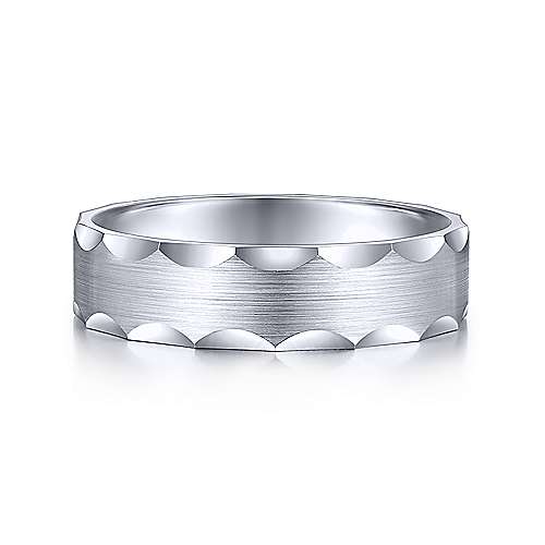 14K White Gold Gabriel & Co. Wedding Band Featuring Satin Grooved Edge Detail